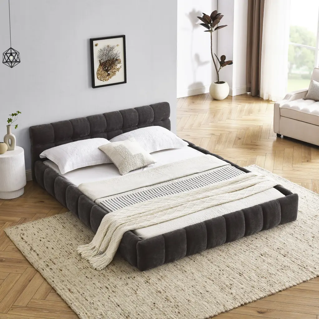 Queen Dimensions Upholstered Bed Frame Thick Material, Chenille Material Grey - Plush Bedroom Centerpiece chuangyuan smart...