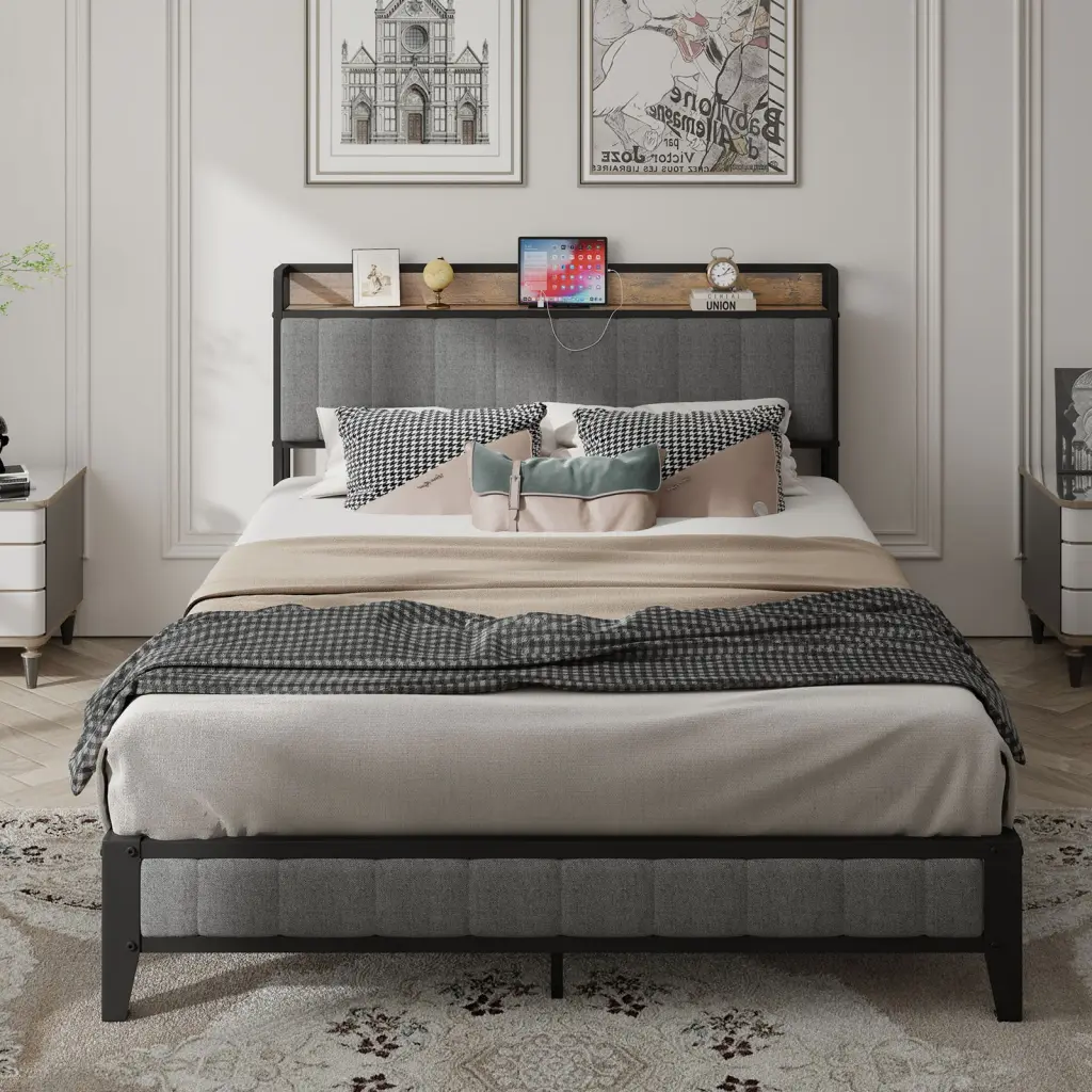 Queen Upholstered Bed Frame Charging Station and Metal Legs f-concept
