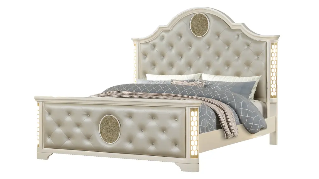 King Size Tufted Upholstery LED Bed Beige Wood Frame Box Spring galaxy home furnishings