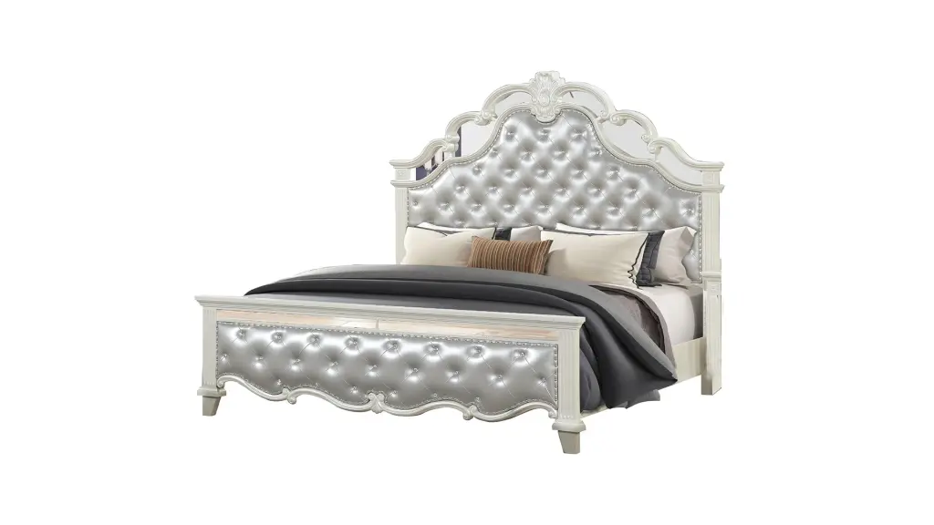 Milan Tufted Upholstery Queen Size Bed Wood Frame White Finish No Box Spring galaxy home furnishings