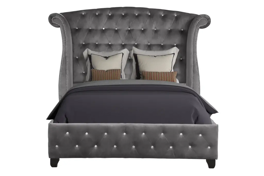 Sophia Crystal Tufted Full Size Bed Frame Wood Construction Gray Hue galaxy home furnishings