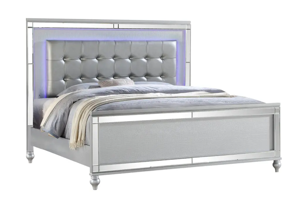 Sterling Queen Dimensions Upholstered LED Bed Wood Frame Silver Hue galaxy home furnishings