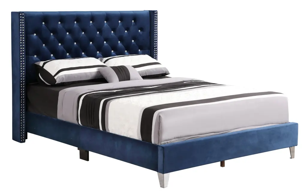 Julie G1924 Queen Upholstered Bed Navy Blue Foam Velvet Modern Bed Frame glory furniture