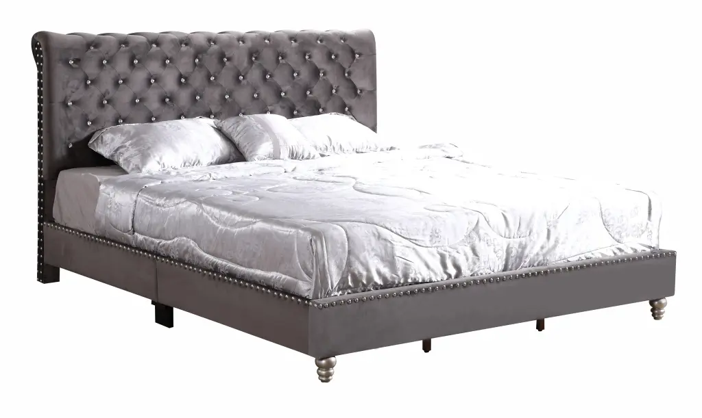 Maxx G1940 King Size Tufted Upholstered Bed Gray Foam Velvet glory furniture