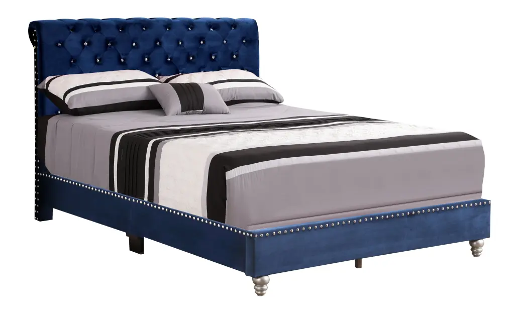 Transitional Navy Blue Upholstered Bed Navy Blue Foam Velvet glory furniture