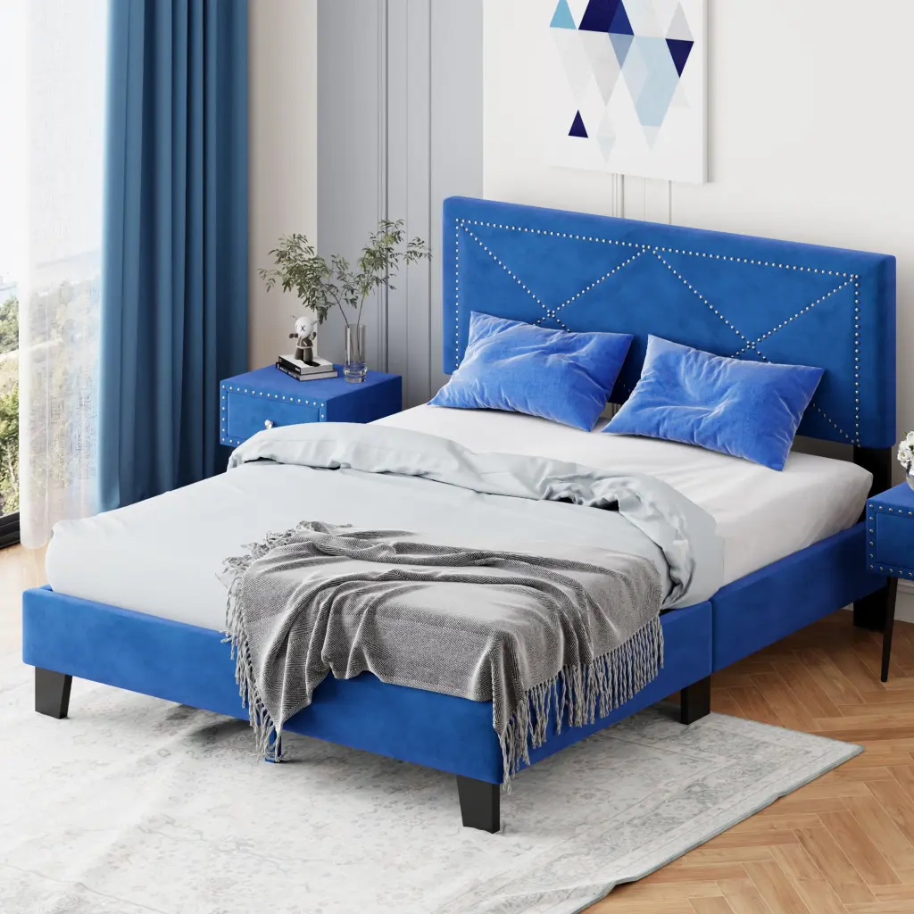 Effortless Queen Upholstered Bed Frame Rivet Design Modern Velvet homey life
