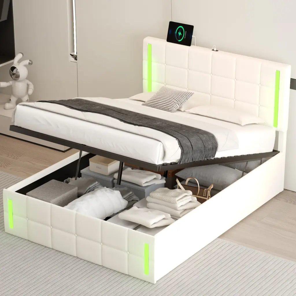 Full Size Upholstered Bed LED Lights and Hydraulic Storage homey life