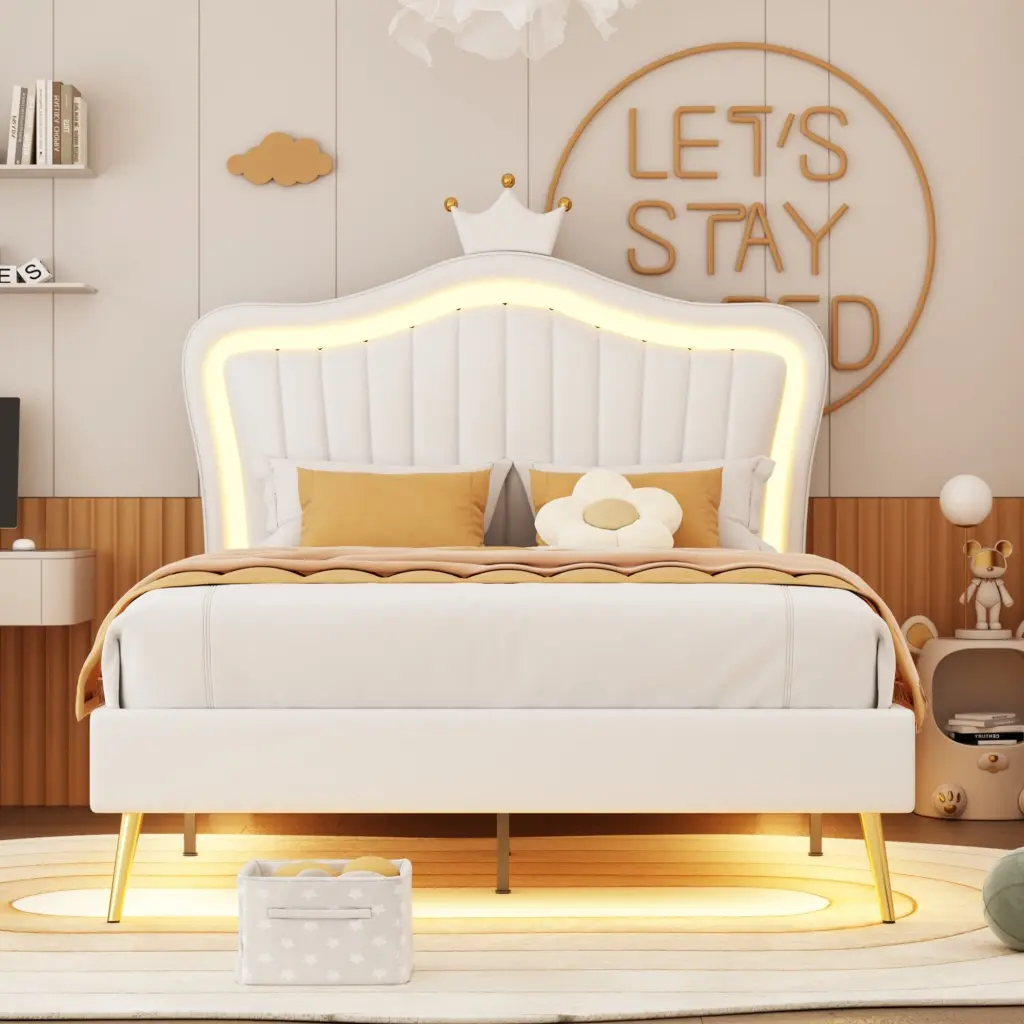 Full Upholstered Bed Frame LED Lights Modern Platform Bed homey life