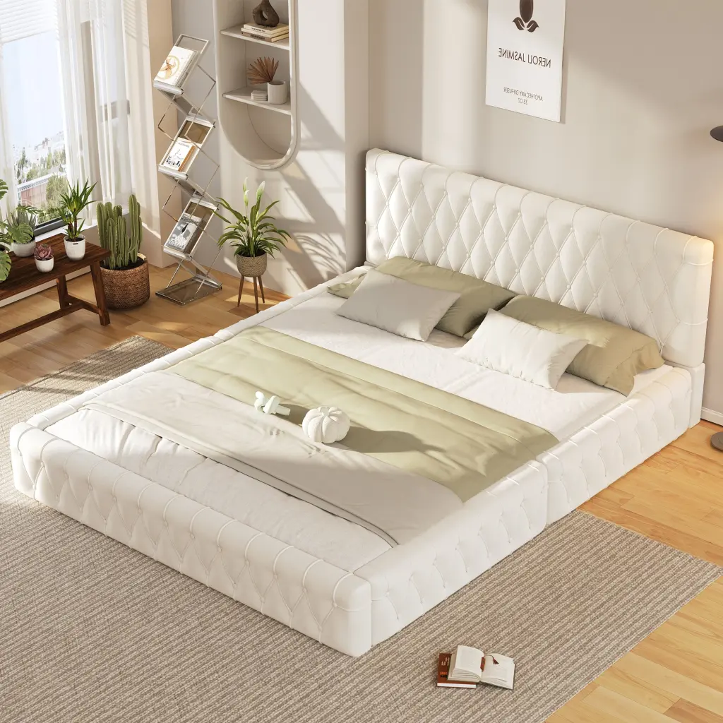 Queen Size Upholstered Bed Tufted Headboard and Velvet Platform homey life