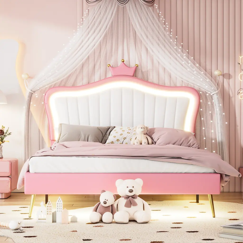 Queen Upholstered Bed Frame LED Lights Modern Platform Bed homey life