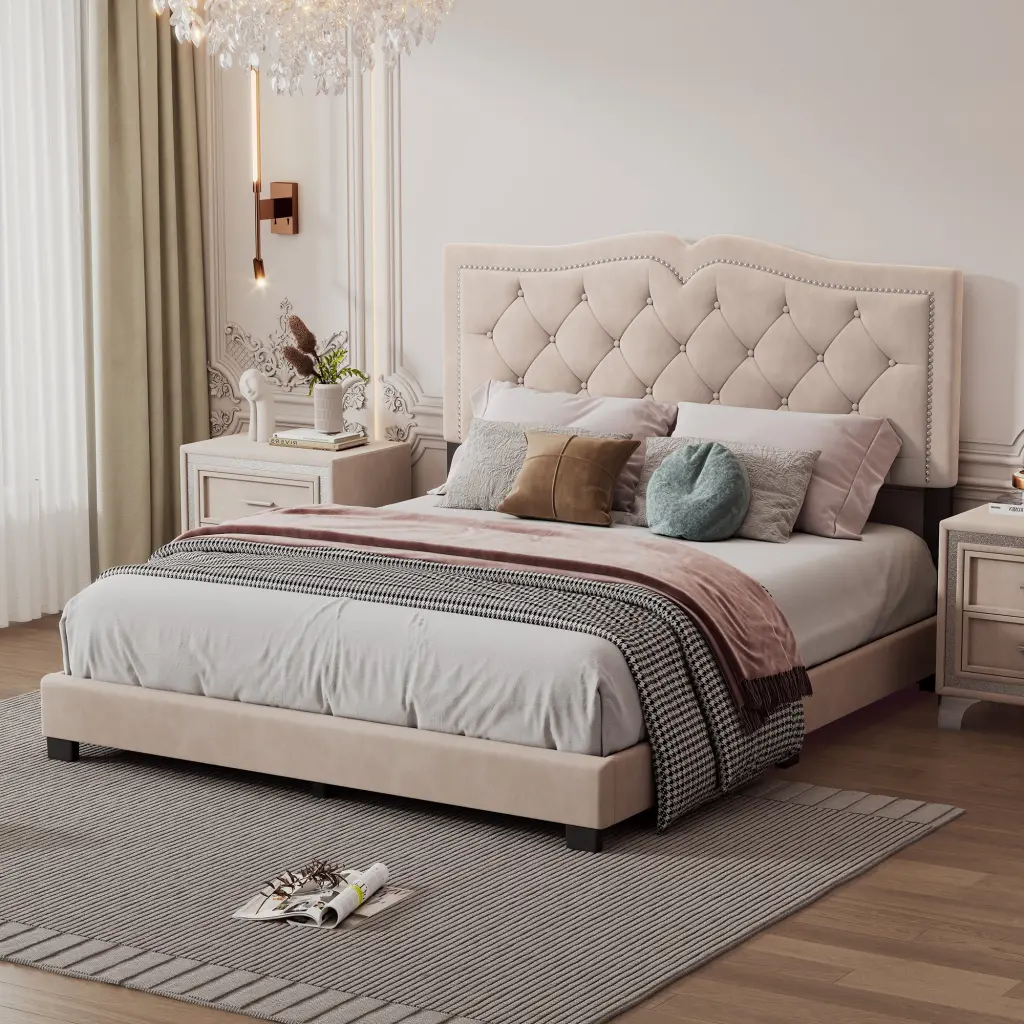 Queen Upholstered Bed Frame Modern Velvet Platform Rivet Design homey life