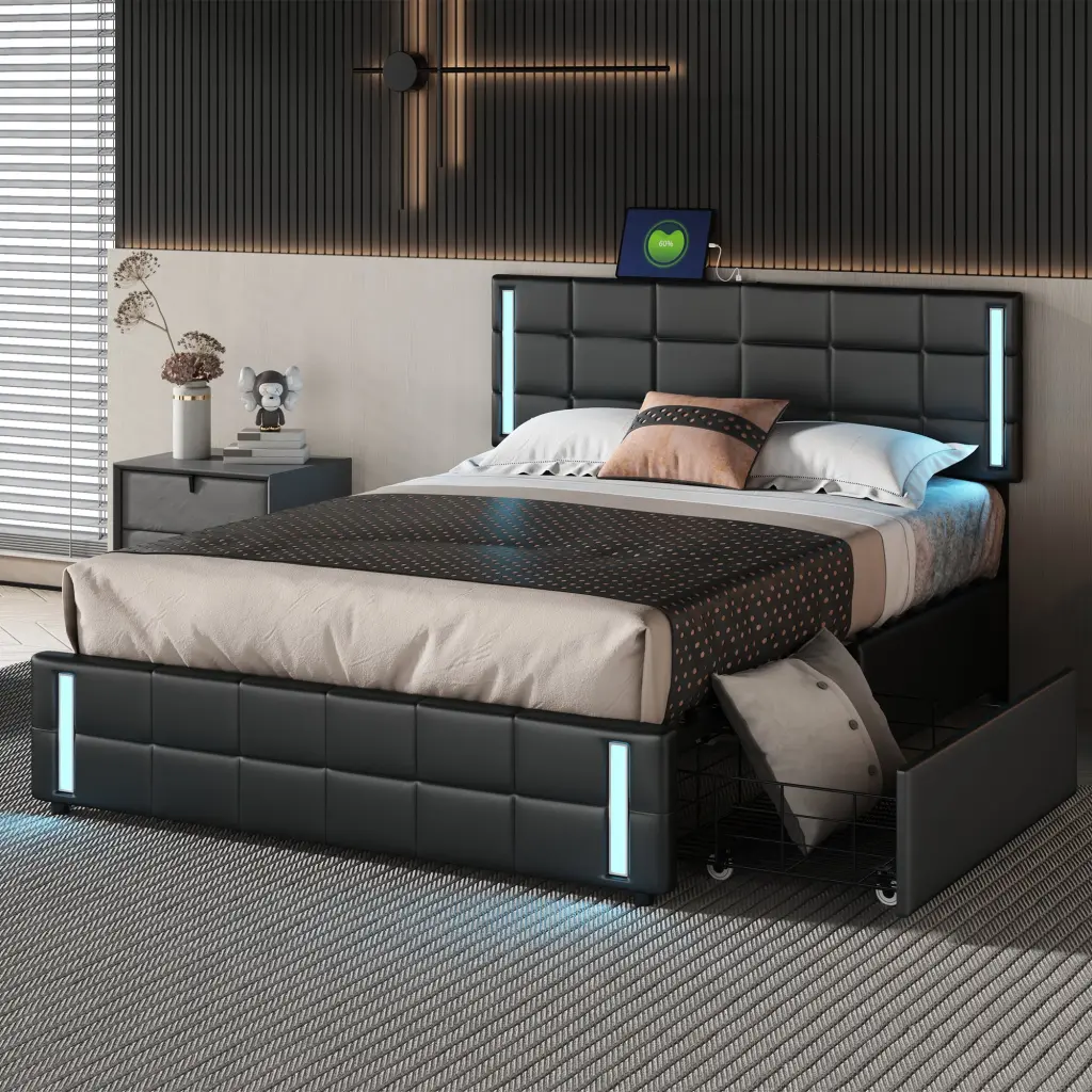 Queen Upholstered Platform Bed LED Lights and USB Charging Ports homey life