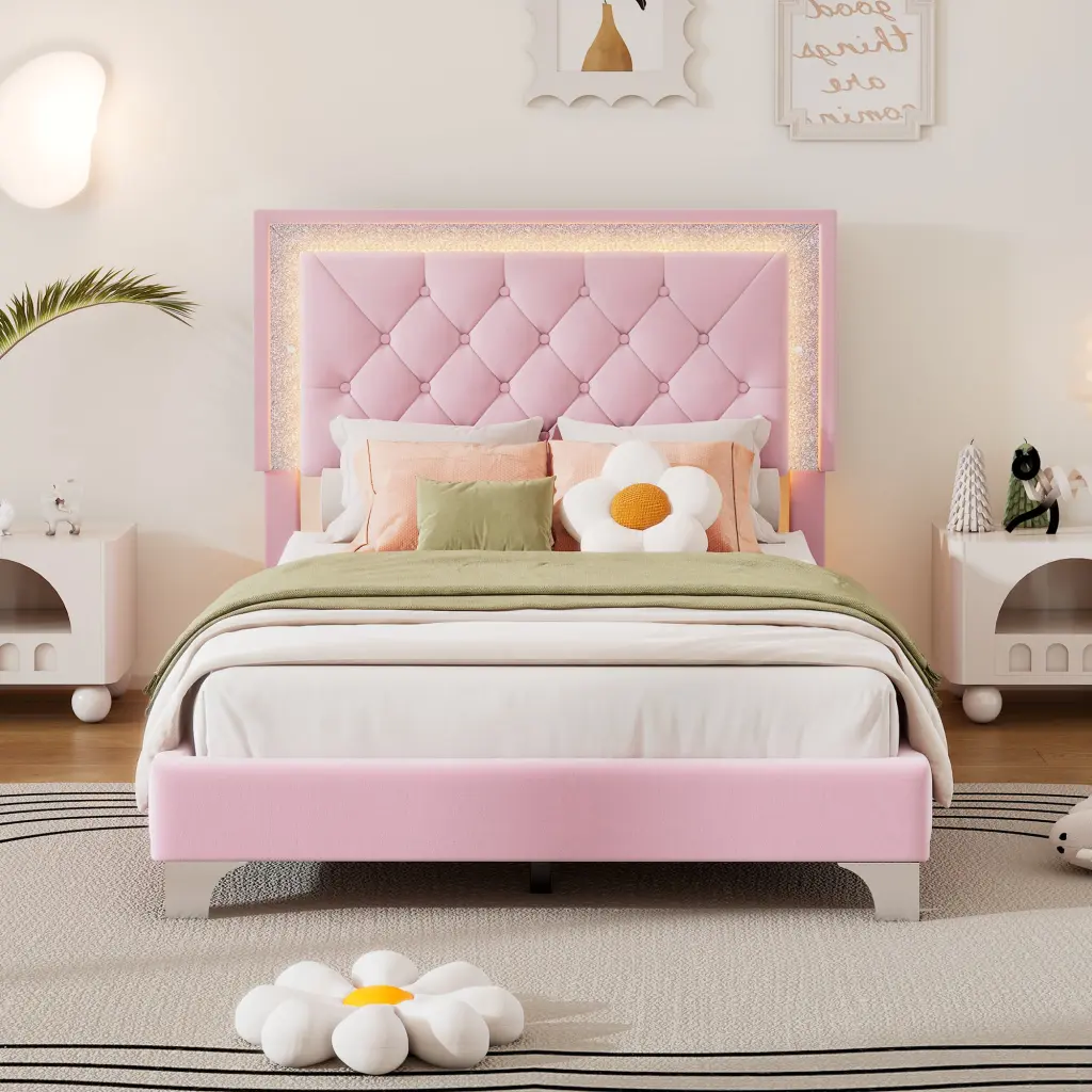 Twin Upholstered Bed Frame LED Lights Modern Velvet Platform Bed homey life