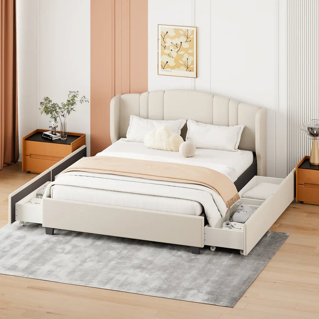 Upholstered Platform Bed Wing Support Headboard and 4 Drawers homey life
