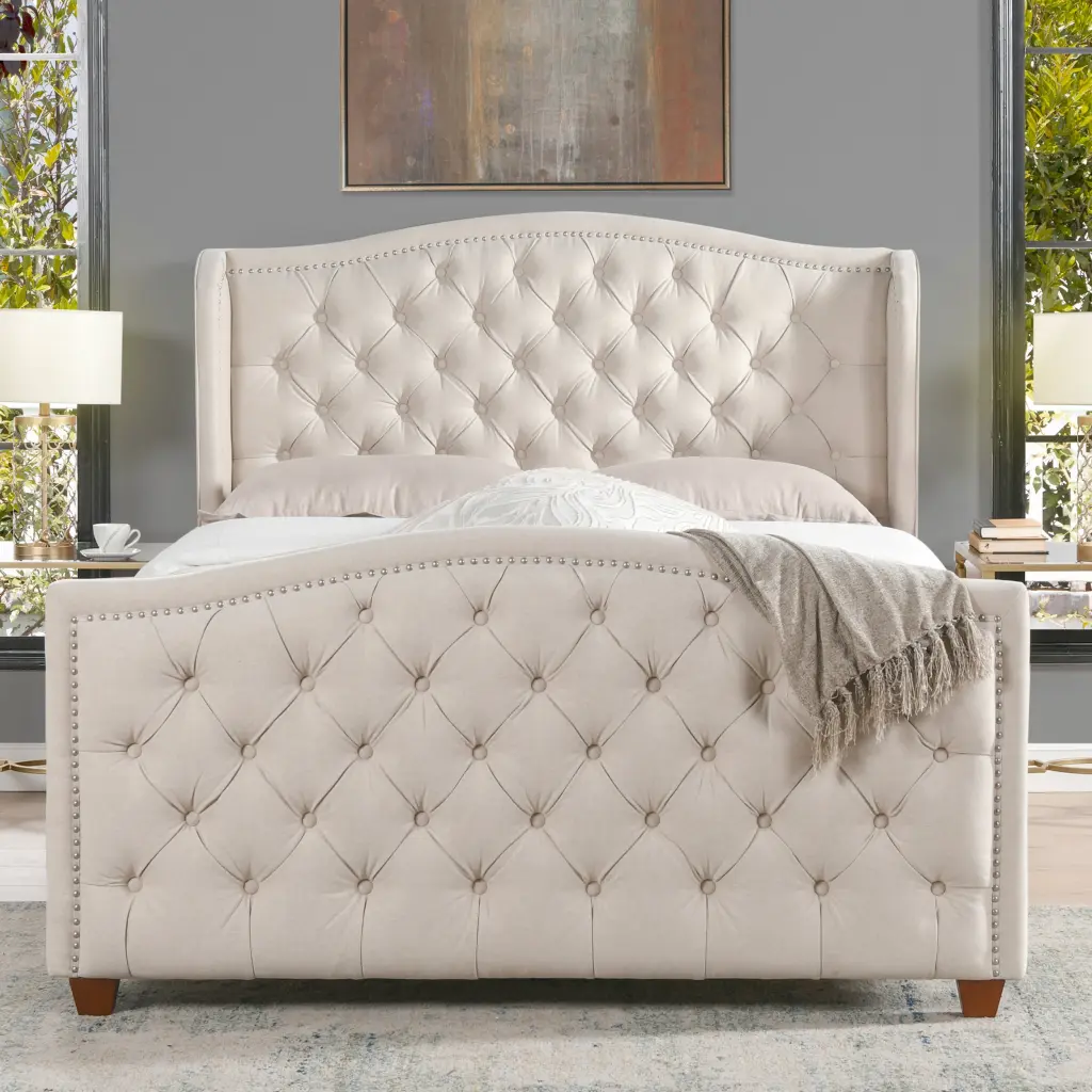 Marcella Upholstered Shelter Headboard Bed Set Queen Size Sky Neutral Fabric jennifer taylor home