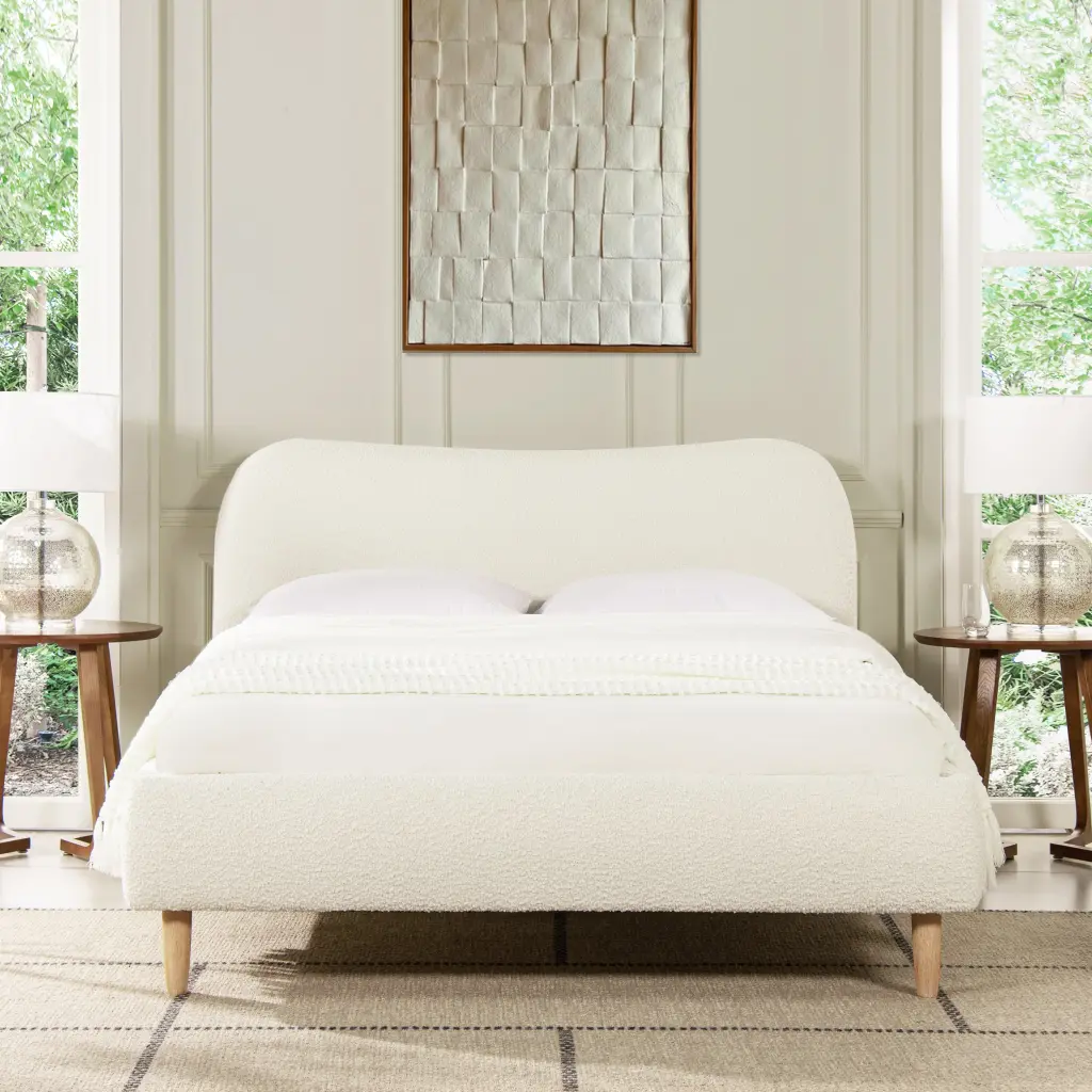 Roman Curved Headboard Upholstered Platform Bed Queen Ivory White Modern jennifer taylor home