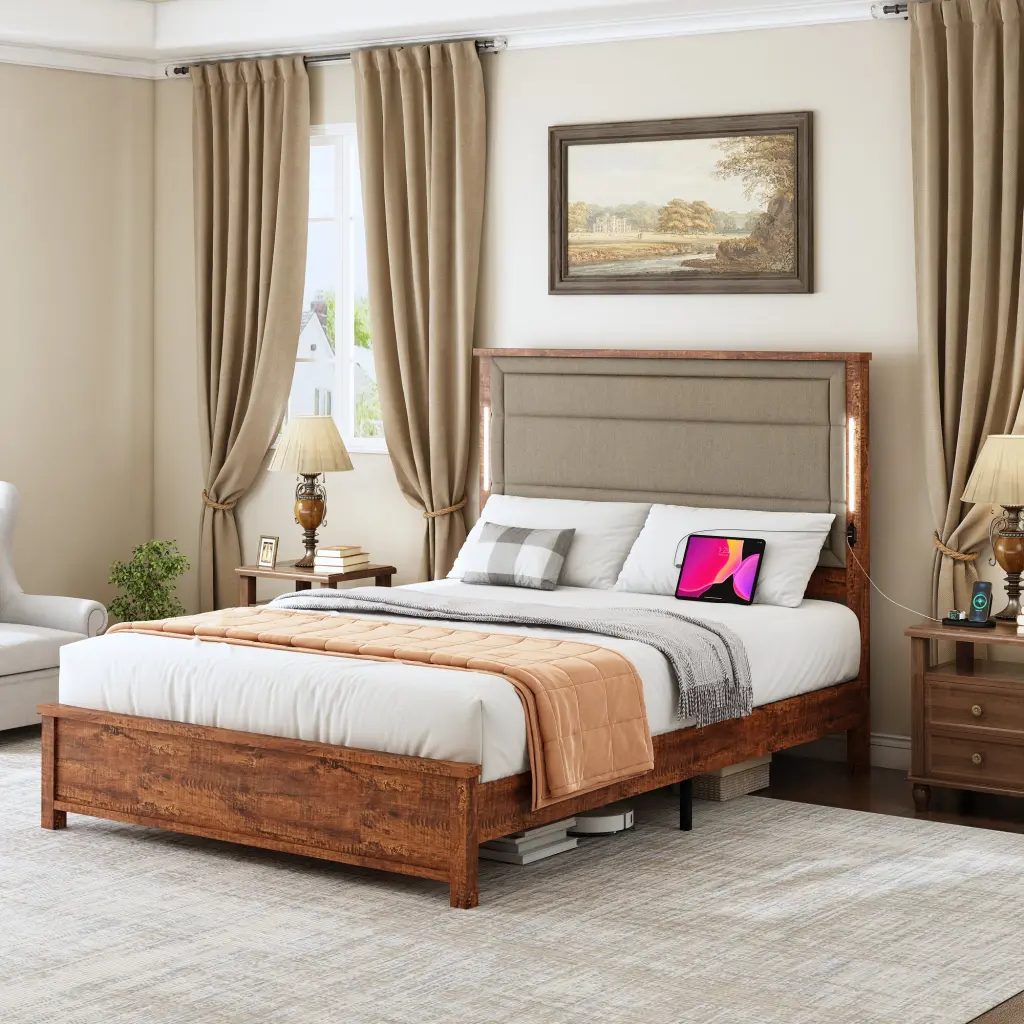 Queen Size Bed Frame Upholstered Headboard And Wooden Slats jhomier furniture
