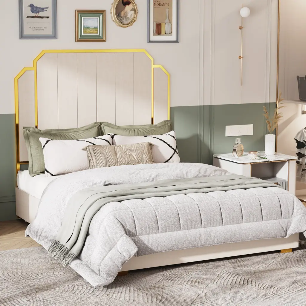 Queen Upholstered Bed Frame 59.06 Inch Headboard Precious Metal Design jhomier furniture