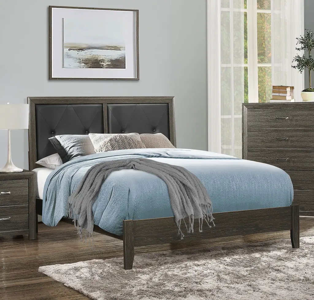 Contemporary Design Dark Gray Finish Full Bed Button Tufted Faux Leather Upholstered kanepe