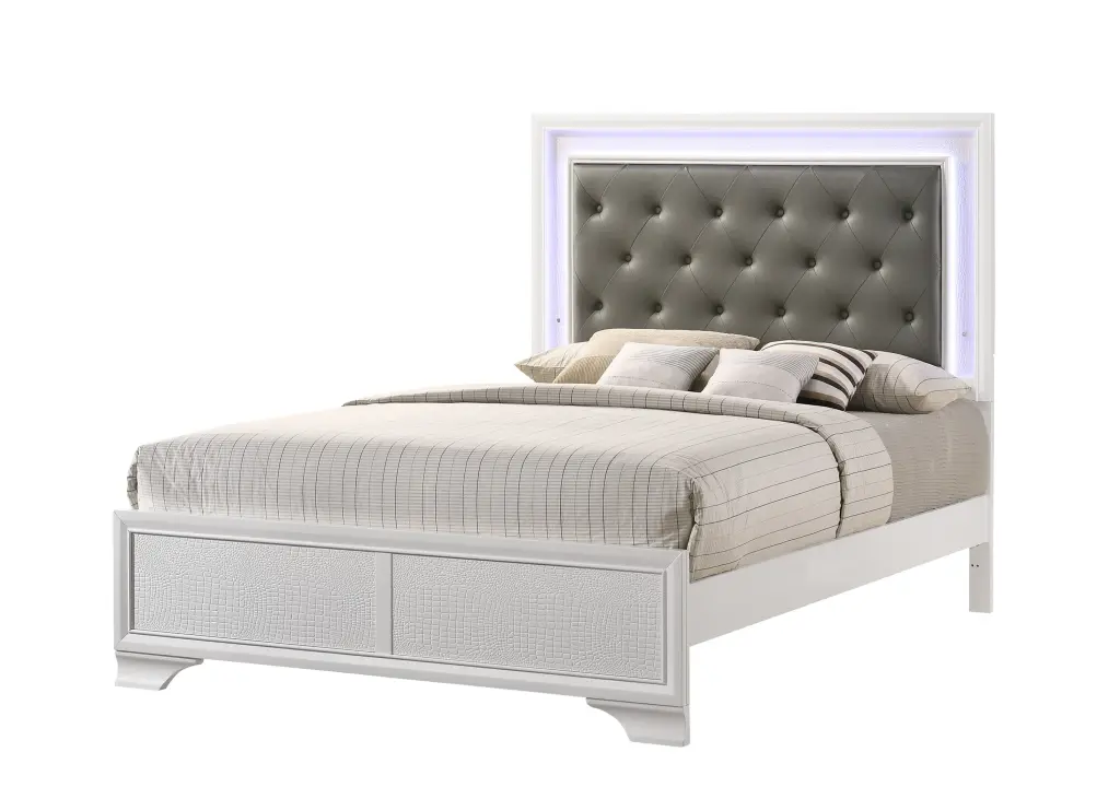 Modern White Crocodile Skin Finish Upholstered Queen Size LED Panel Bed - Luxury Bed Frame kanepe