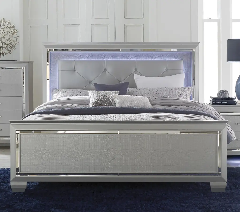 Shiny Metal Finish Upholstered Button Tufted Queen Bed LED Headboard kanepe