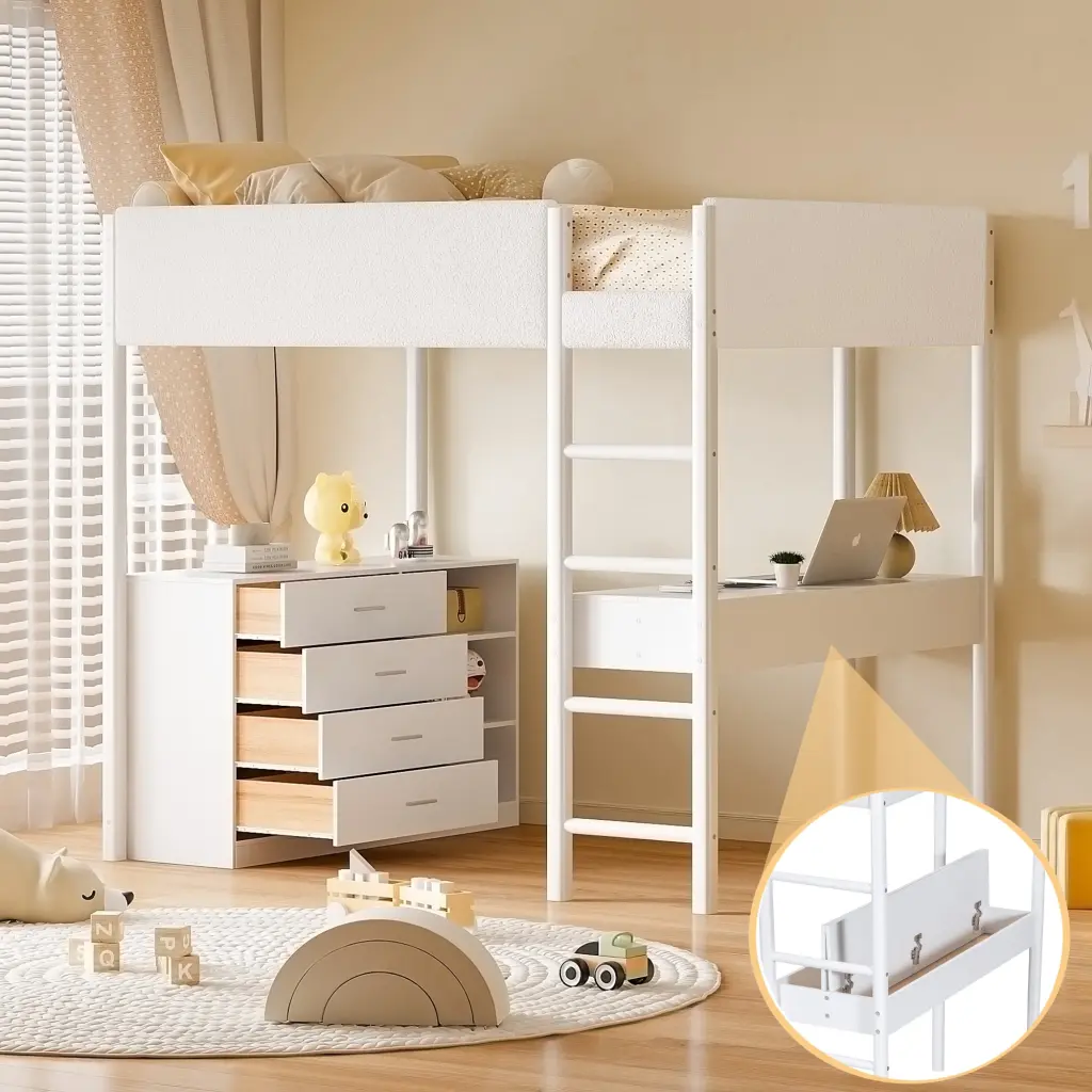 Full Size Teddy Fleeceloft Bed Wood Frame and White Fleece Upholstery lucky furniture
