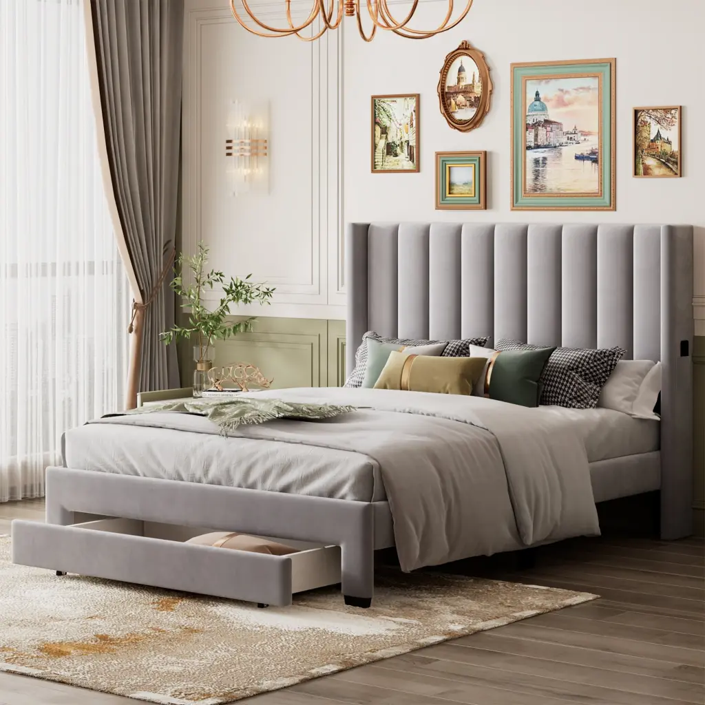 Queen Size Storage Bed Velvet Upholstered Platform Large Drawer lucky furniture