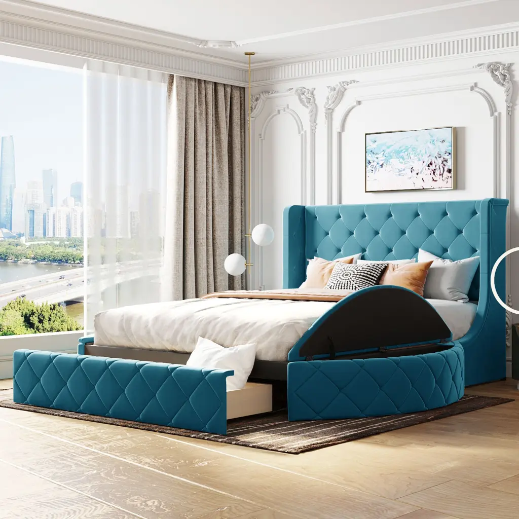 Queen Size Upholstered Platform Bed Storage Velvet Wingsupport lucky furniture