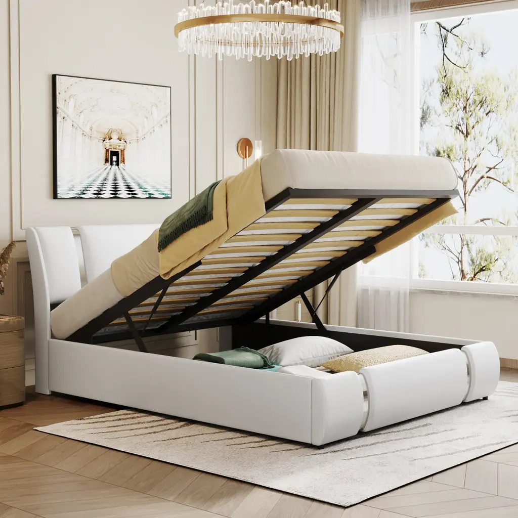 Queen Upholstered Faux Leather Platform Bed Hydraulic Storage lucky furniture