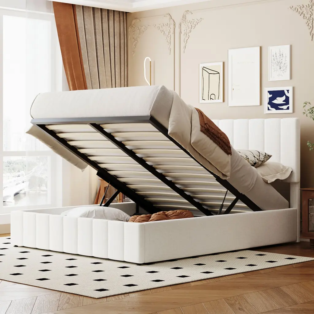 Queen Upholstered Platform Bed Hydraulic Storage System White lucky furniture