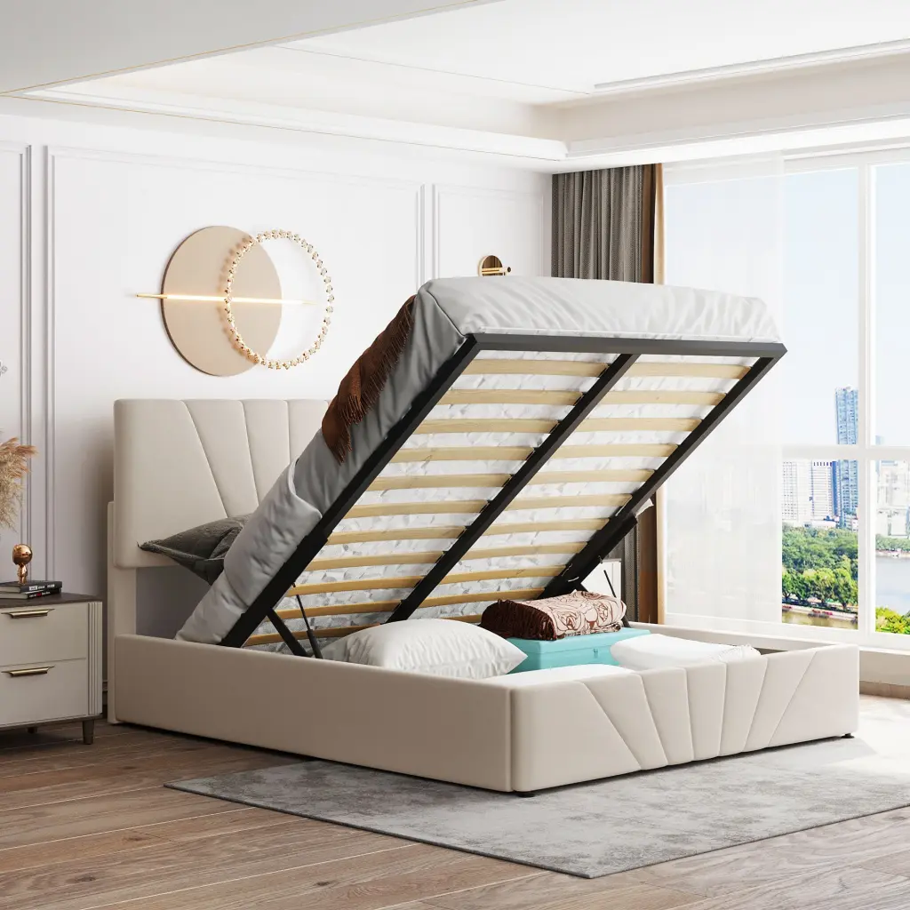 Queen Upholstered Platform Bed Hydraulic Storage System lucky furniture