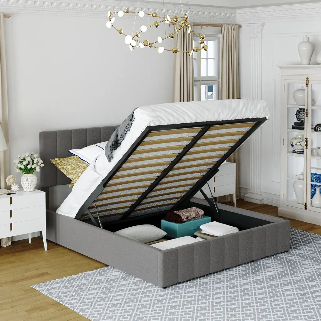 Queen Upholstered Platform Bed Hydraulic Storage System Gray lucky furniture