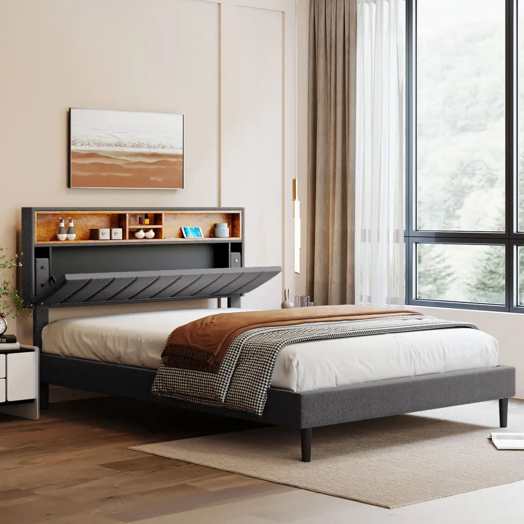 Queen Upholstered Platform Bed Storage Headboard and USB Ports lucky furniture