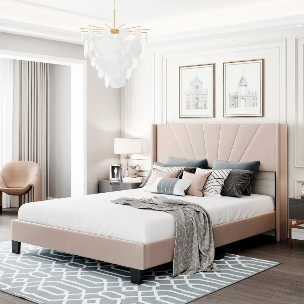 Queen Velvet Upholstered Platform Bed Requires Box Spring Beige lucky furniture