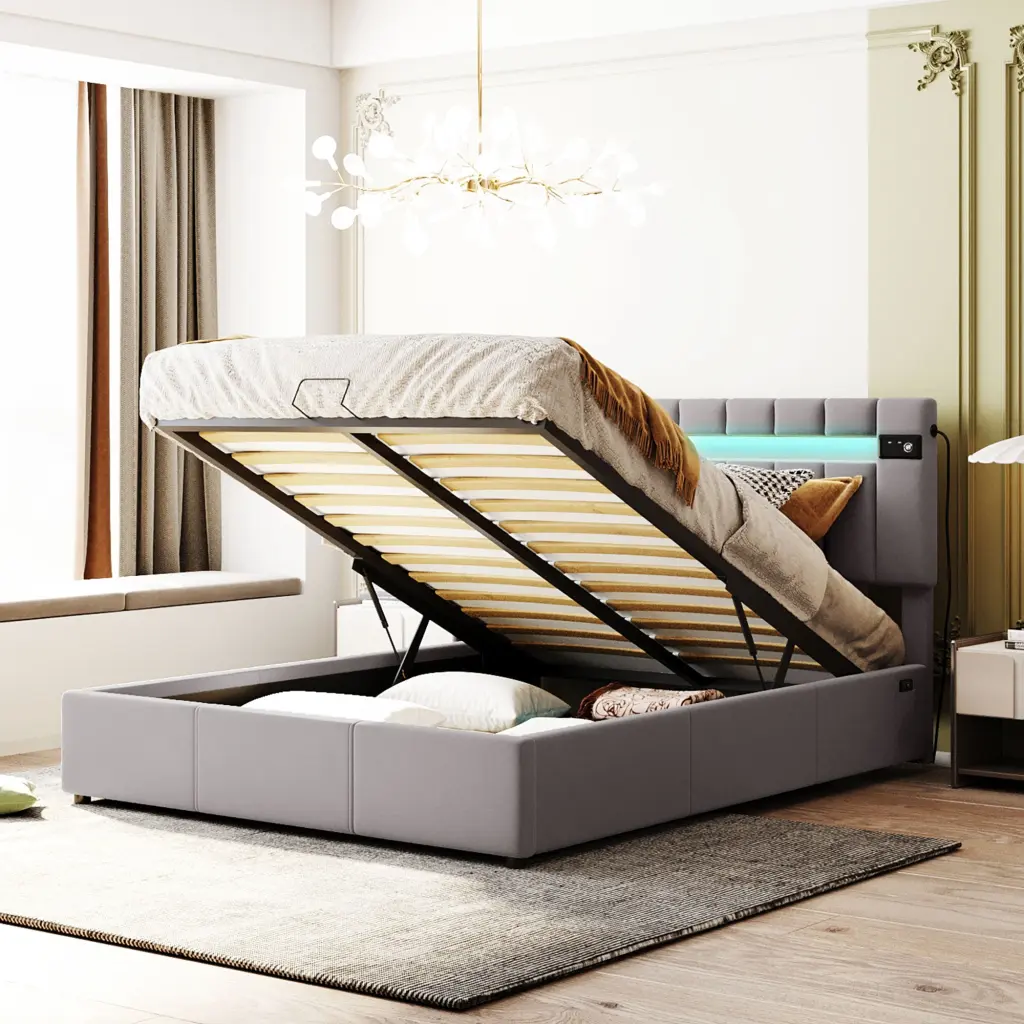 Upholstered Bed Queen Dimensions LED Light Bluetooth Player And USB Charger lucky furniture