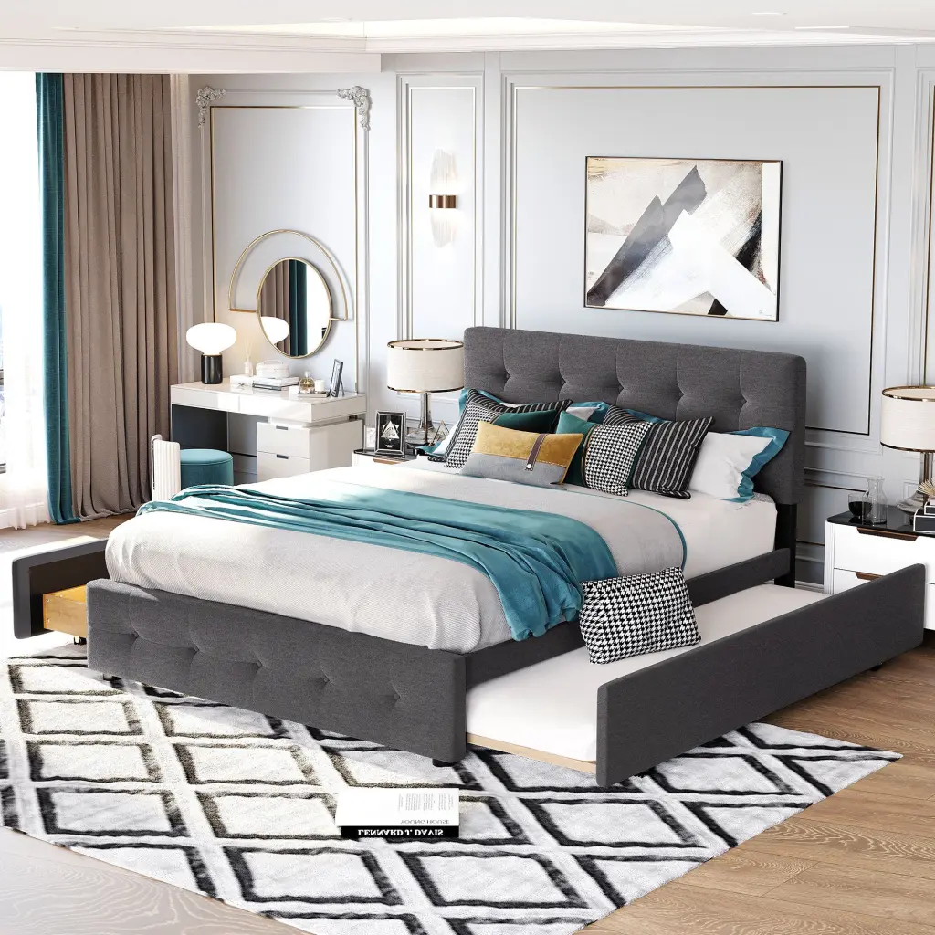 Upholstered Platform Bed 2 Drawers And Twin XL Trundle Linen Fabric lucky furniture
