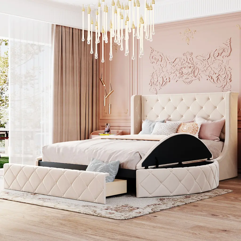 Upholstered Platform Bed Queen Storage Velvet Bed Wing Support Headboard lucky furniture