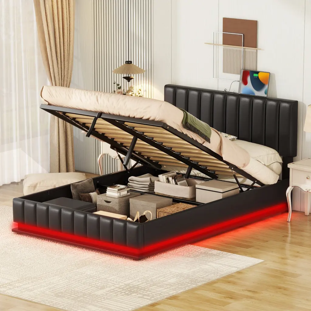 Full Size Upholstered Bed Hydraulic Storage System and LED Light lucky world