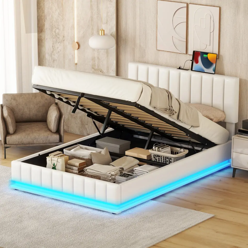 Full Size Upholstered Bed Hydraulic Storage System and LED Light lucky world
