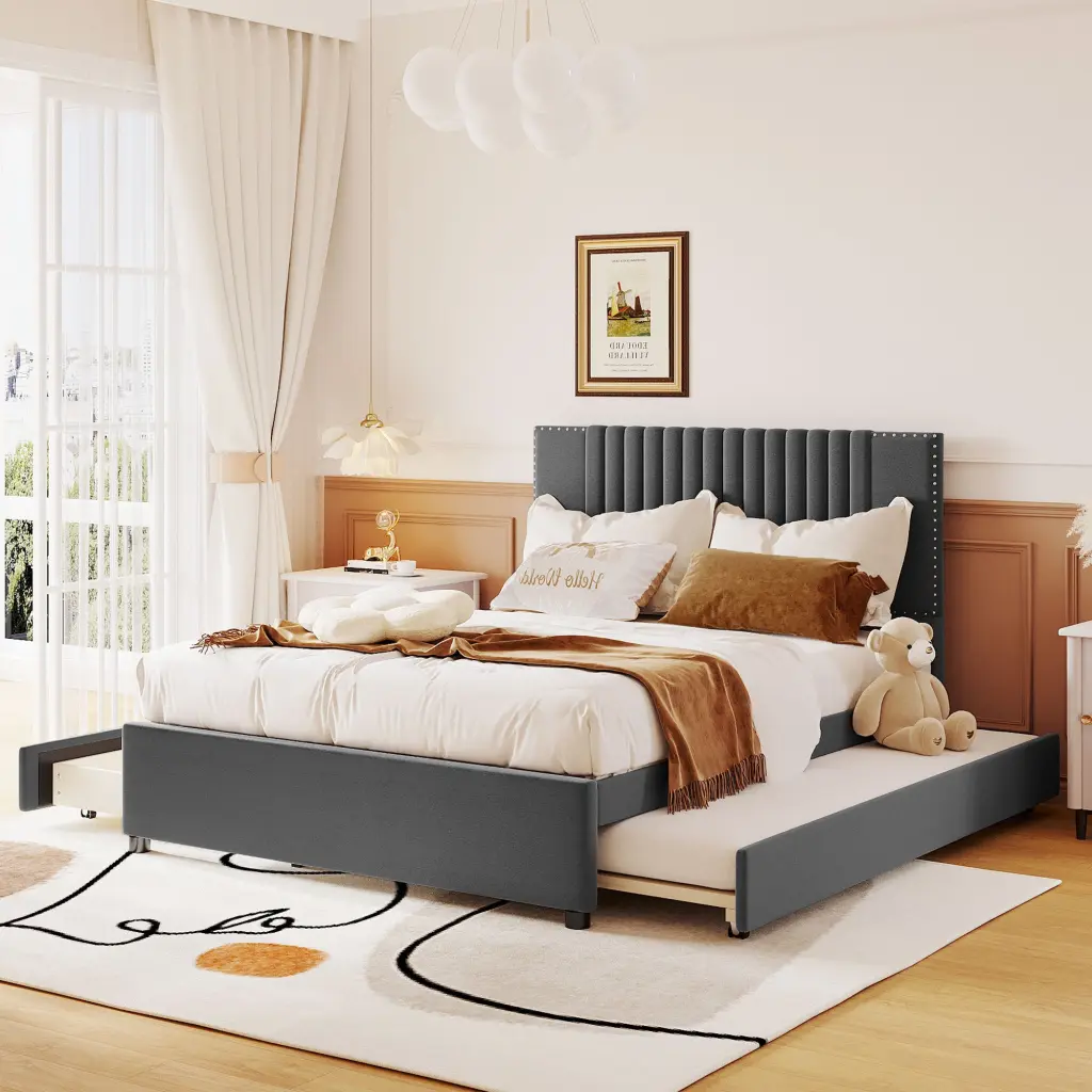 Full Size Upholstered Platform Bed 2 Drawers And Twin Size Trundle lucky world