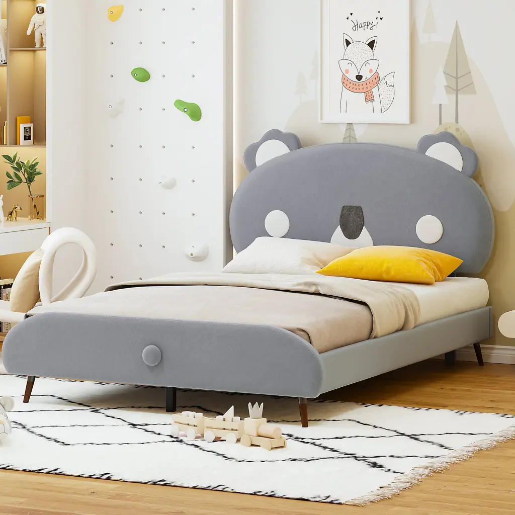 Full Size Upholstered Platform Bed Koala Influenced Headboard Gray Fabric lucky world