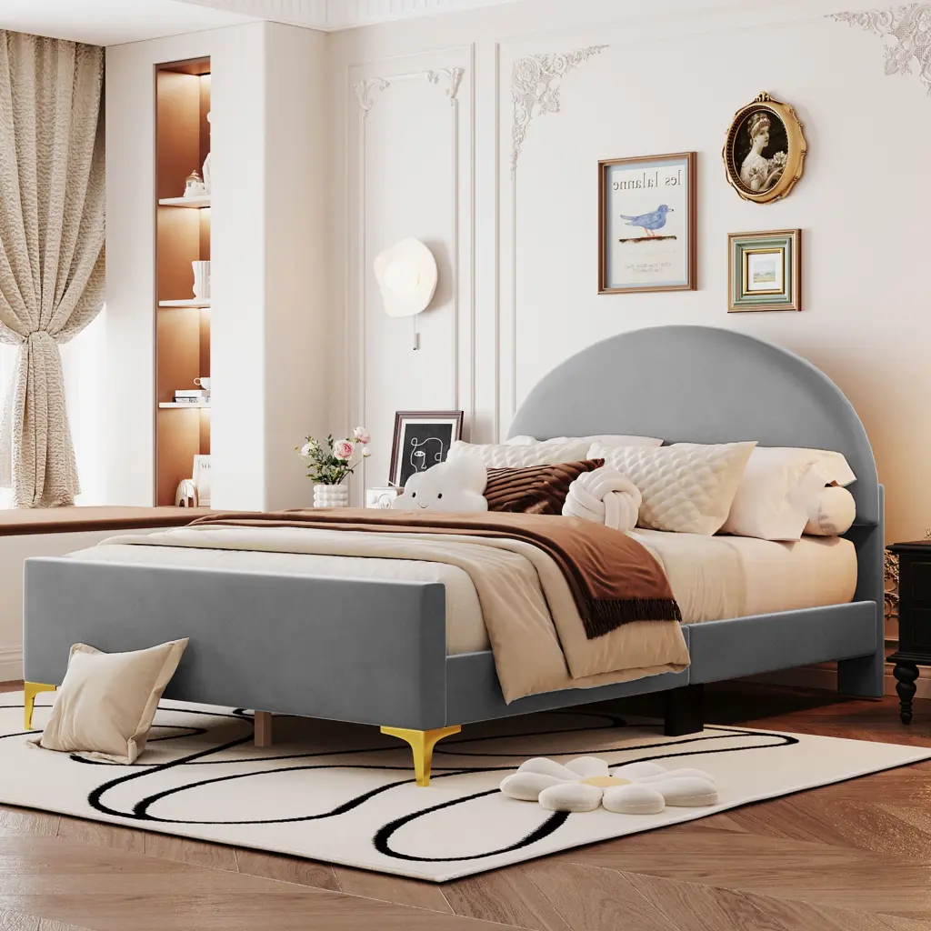 Full Size Upholstered Platform Bed Timeless Semi Circle Headboard lucky world
