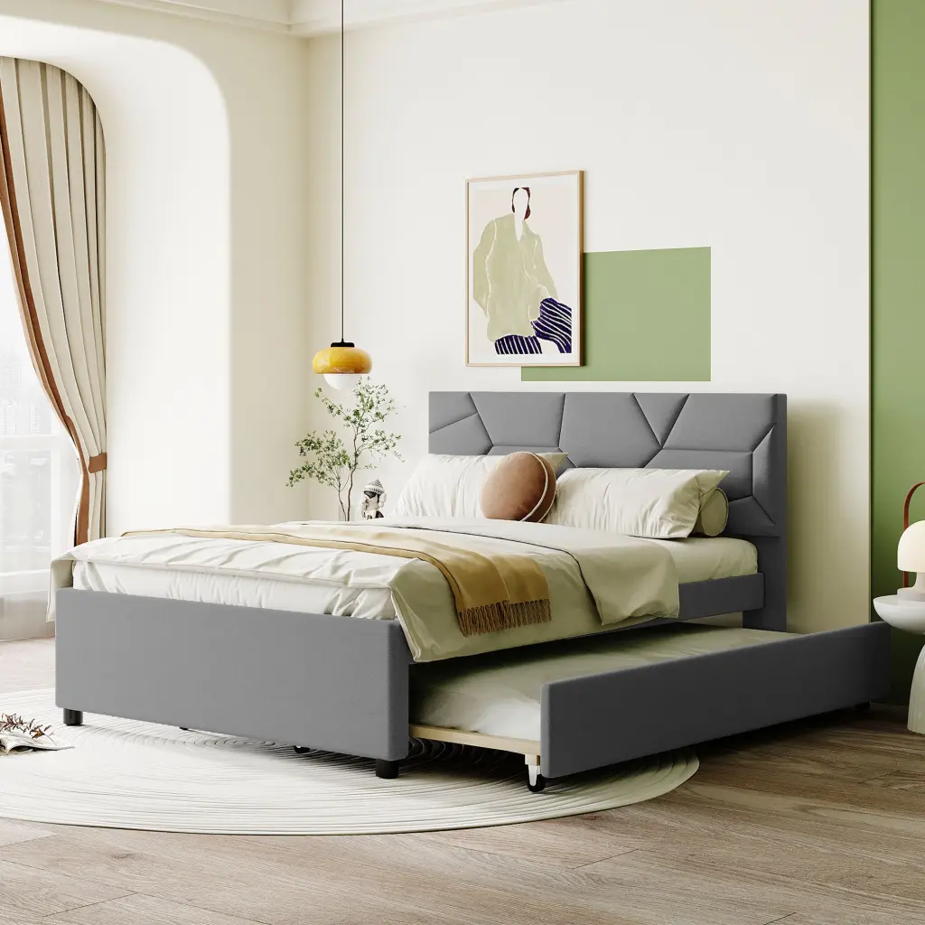 Full Upholstered Platform Bed Brick Pattern Headboard and Storage lucky world