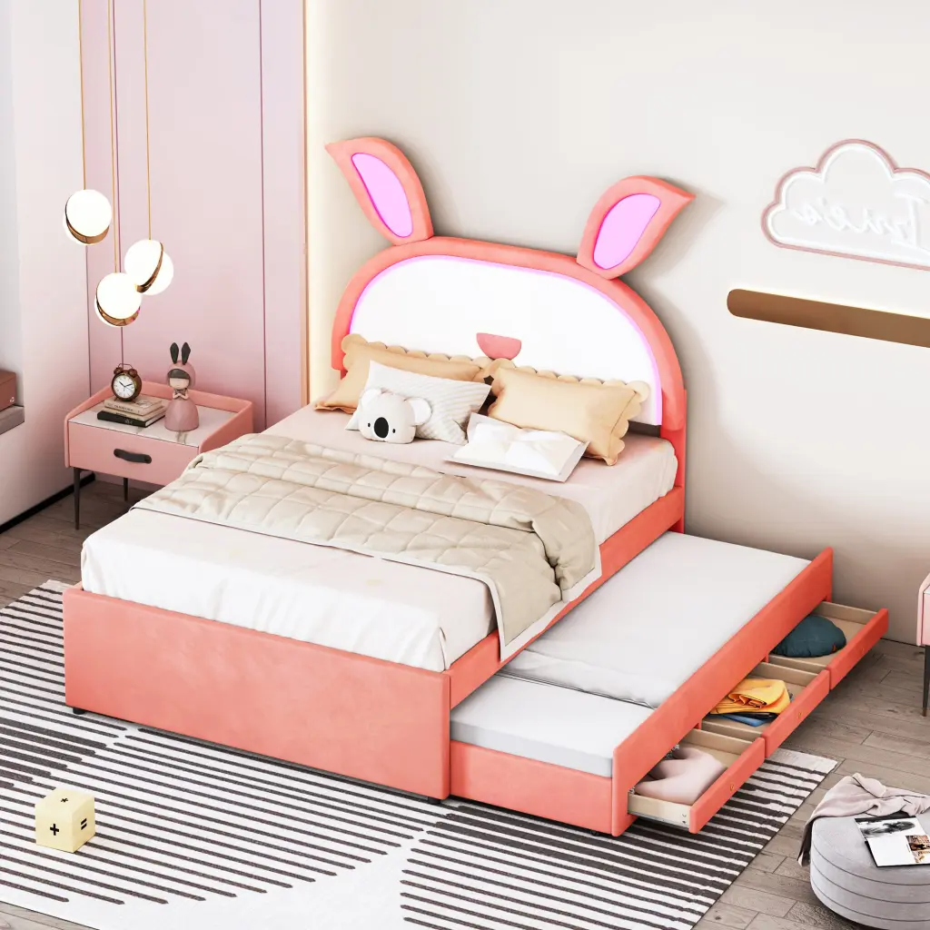Full Upholstered Platform Bed Trundle And 3 Drawers Rabbit Design lucky world