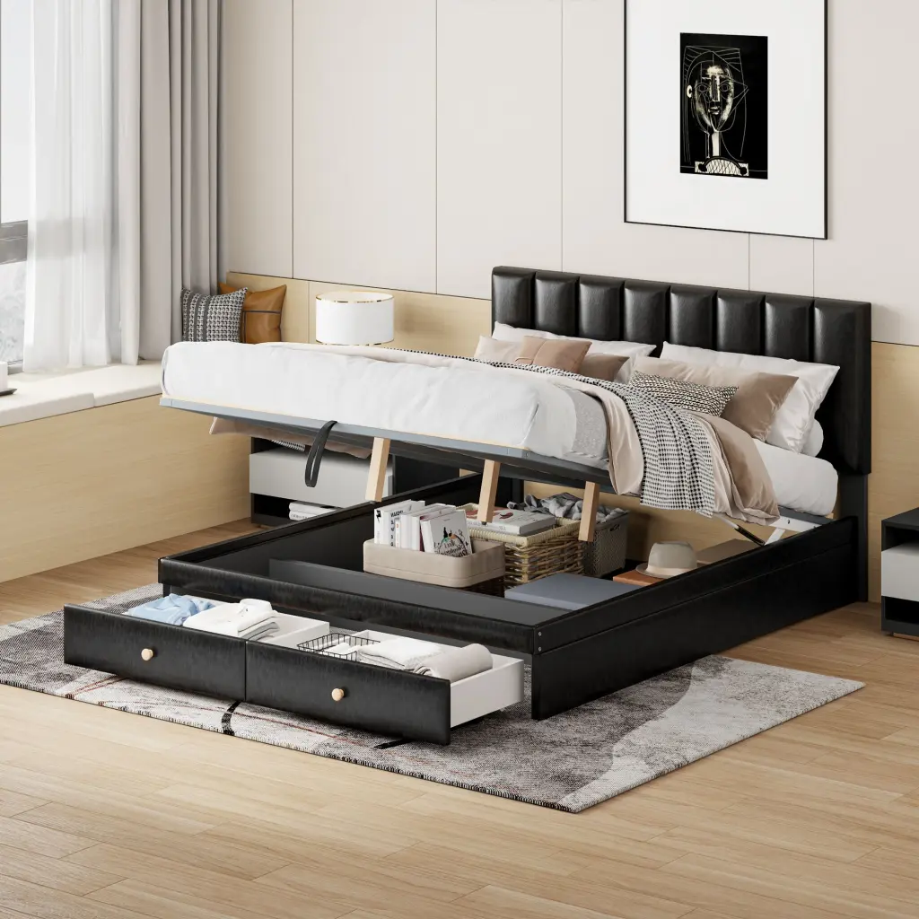 Queen Size Upholstered Bed Hydraulic Storage System And Drawers lucky world
