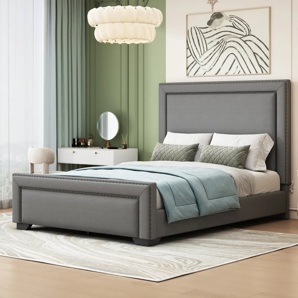Queen Size Upholstered Bed Modern Bed Frame Timber Slats Support Bedroom lucky world
