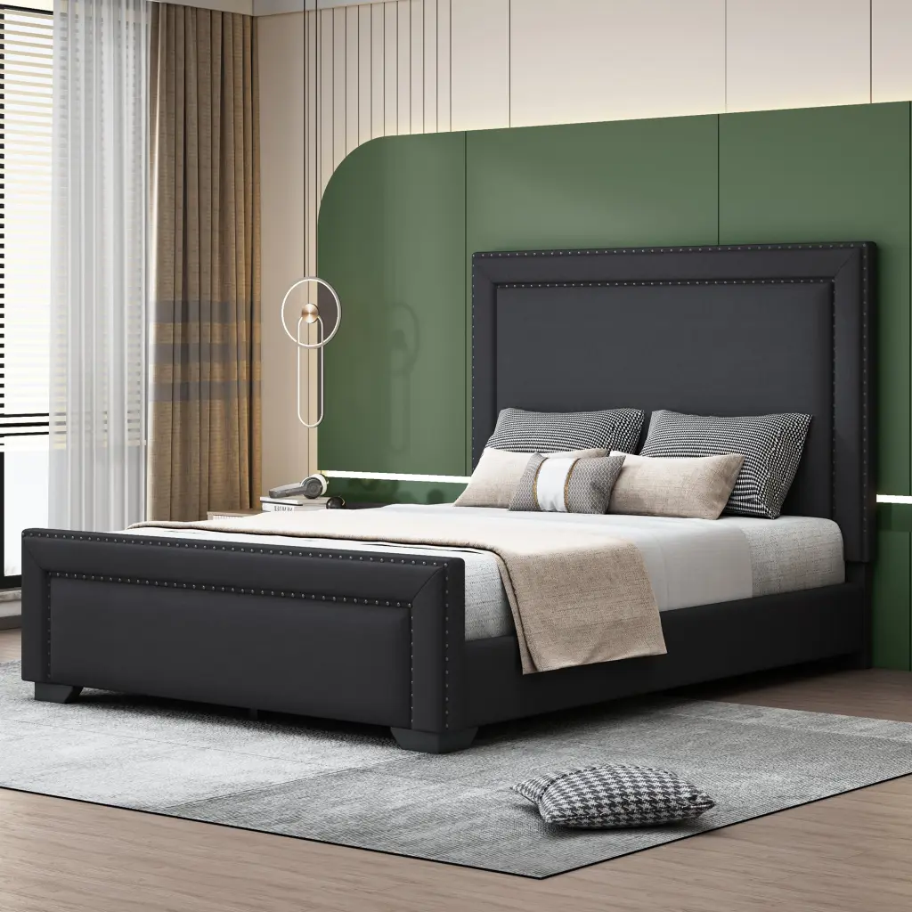 Queen Size Upholstered Bed Modern Upholstered Bed Wooden Slats lucky world
