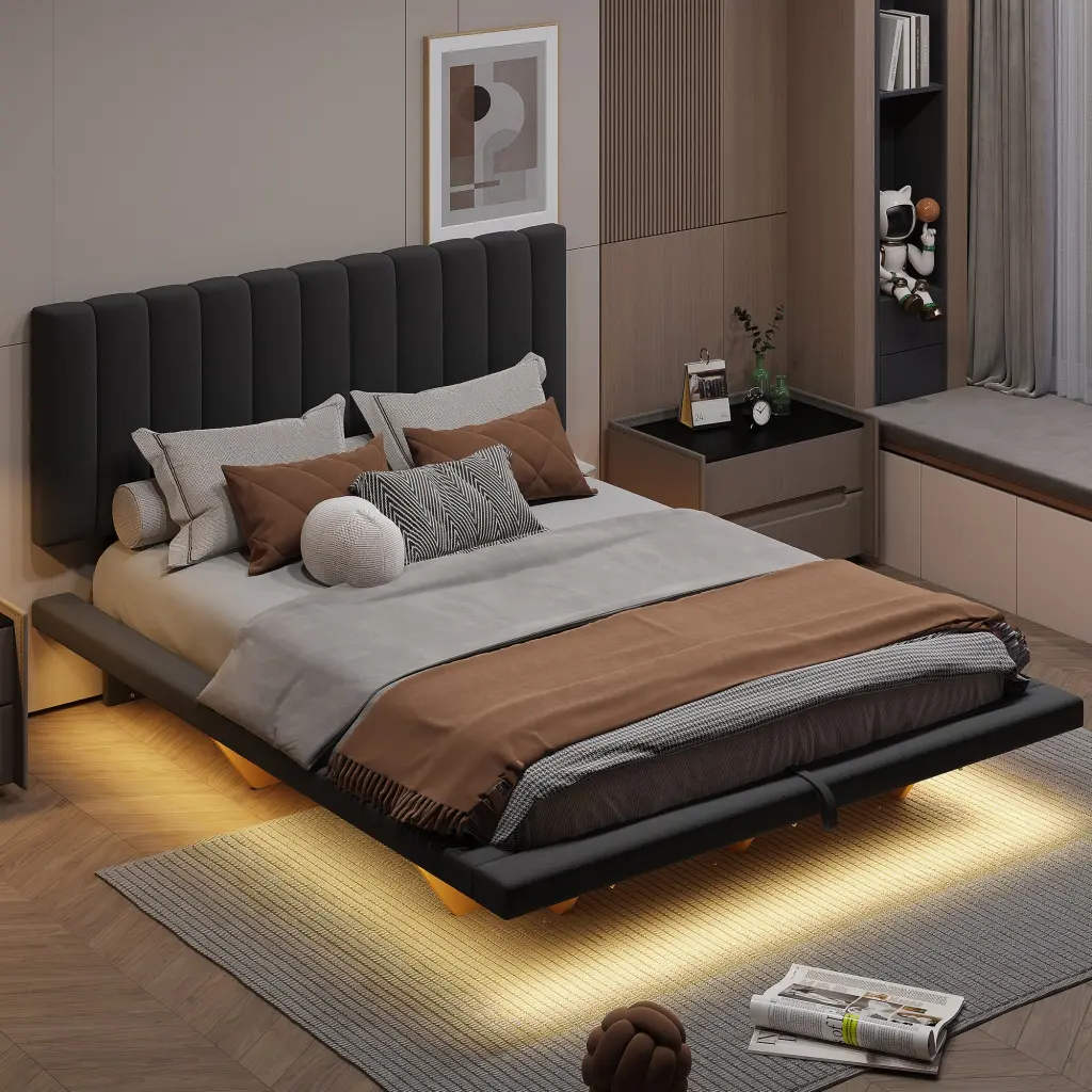 Queen Size Upholstered Floating Bed LED Light and USB Port lucky world