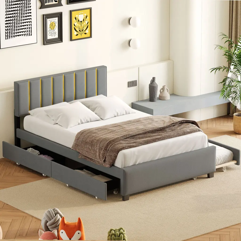 Queen Size Upholstered Platform Bed 2 Drawers And 1 Trundle Classic Design lucky world