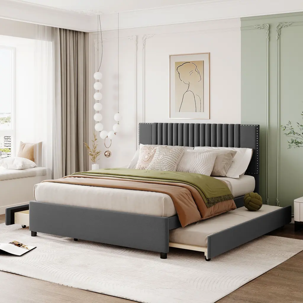 Queen Size Upholstered Platform Bed 2 Drawers And Twin XL Trundle lucky world